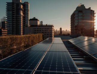 Modern skyscrapers emit solar energy into night sky generated by AI Modern skyscrapers emit solar energy into night sky generated by artificial intelligence