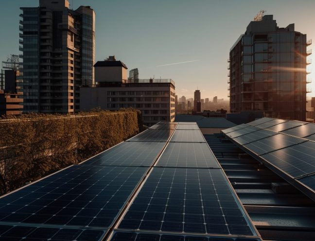 Modern skyscrapers emit solar energy into night sky generated by artificial intelligence